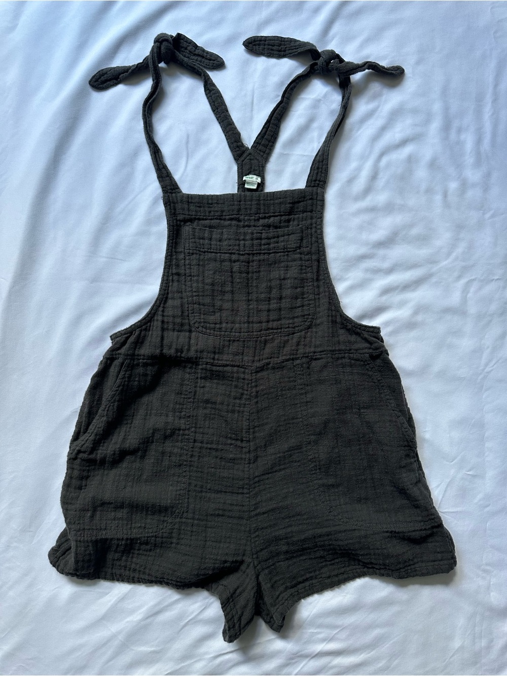 Aerie Charcoal Waffle Tie-Strap Short Overalls - Picture 1 of 5